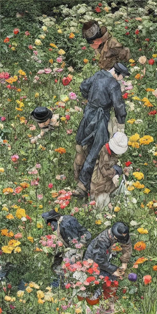 Image similar to oil painting scene from gardeners in the flower garden by kim jung gi