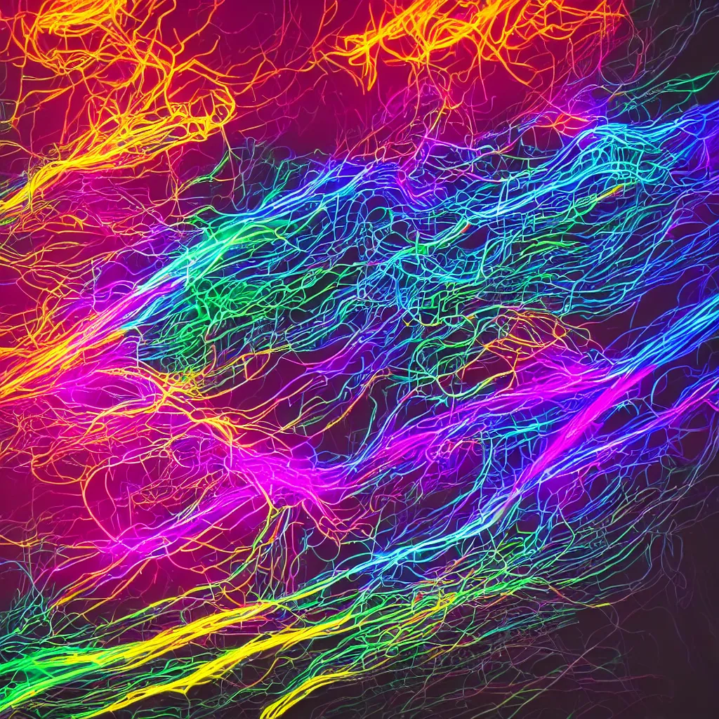 Prompt: mess of colorful cables, graphic art, cinematic lightning, neon lights