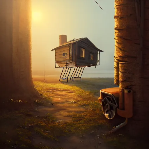 Image similar to a walking wood and metal house with two mechanical legs and two eyes, rust, hyperrealistic, highly detailed, cinematic, single ray of sun, morning, fog, city in background, beautiful, cgssociety, artstation, 8 k, oil painting, digital art