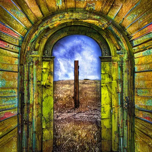 Prompt: Meadow. Ornate doorway with a portal to another dimension. Mixed media, Digital Art and AF-S NIKKOR 10-200mm F2.8G ED.