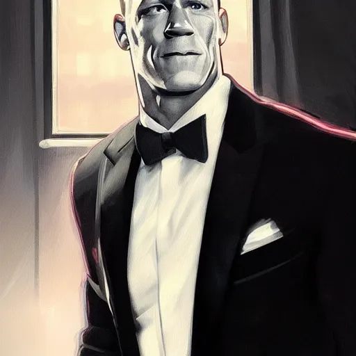 Image similar to john cena wearing a tuxedo, portrait, highly detailed, digital painting, artstation, concept art, sharp focus, illustration, art by artgerm and greg rutkowski and alphonse mucha