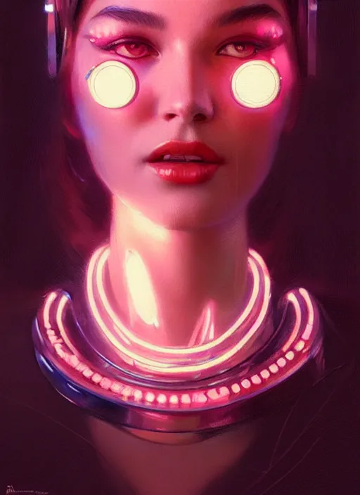 Image similar to photorealistic portrait of female humanoid, highly intricate, retro 6 0 s fashion, elegant, highly detailed, crispy quality and cyber neon light reflections, trending in artstation, trending in pinterest, glamor pose, concept art, sharp focus, art by artgerm and greg rutkowski