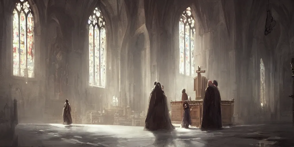 Image similar to a beautiful painting of two people in the church, greg rutkowski style, trending on artstation