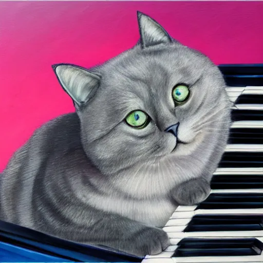 Image similar to grey british shorthair cat with colorful stripes sitting on piano keys with musical notes in the background ultra detailed realistic fine art painting 4 k