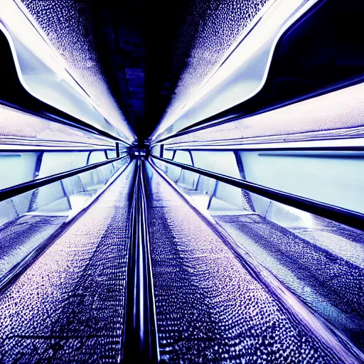 Image similar to approaching futuristic escalator inside white back glossy lit tube with streaming beams of light, building anticipation, scintillating, dichroic, movement, pastel gradients, 8 k, highly detailed, professional photograph, epic composition, modern details