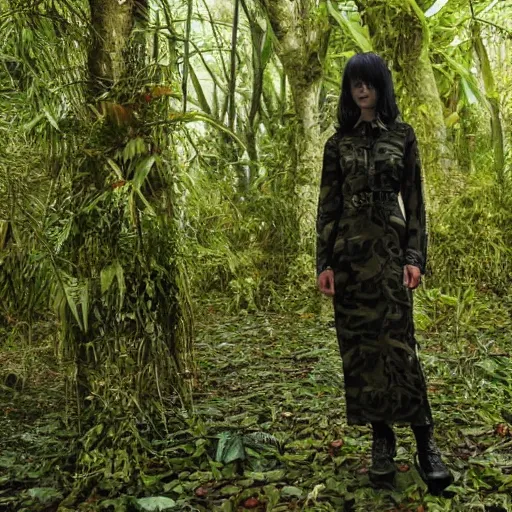 Image similar to female character wearing a camouflage dress by yohji yamaoto in a dense misty jungle the style of mamoru oshii