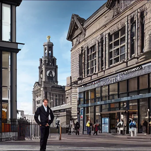 Image similar to “Andrew Tate standing outside Bootle Strand in Liverpool, photorealism, 8k, intricate details”