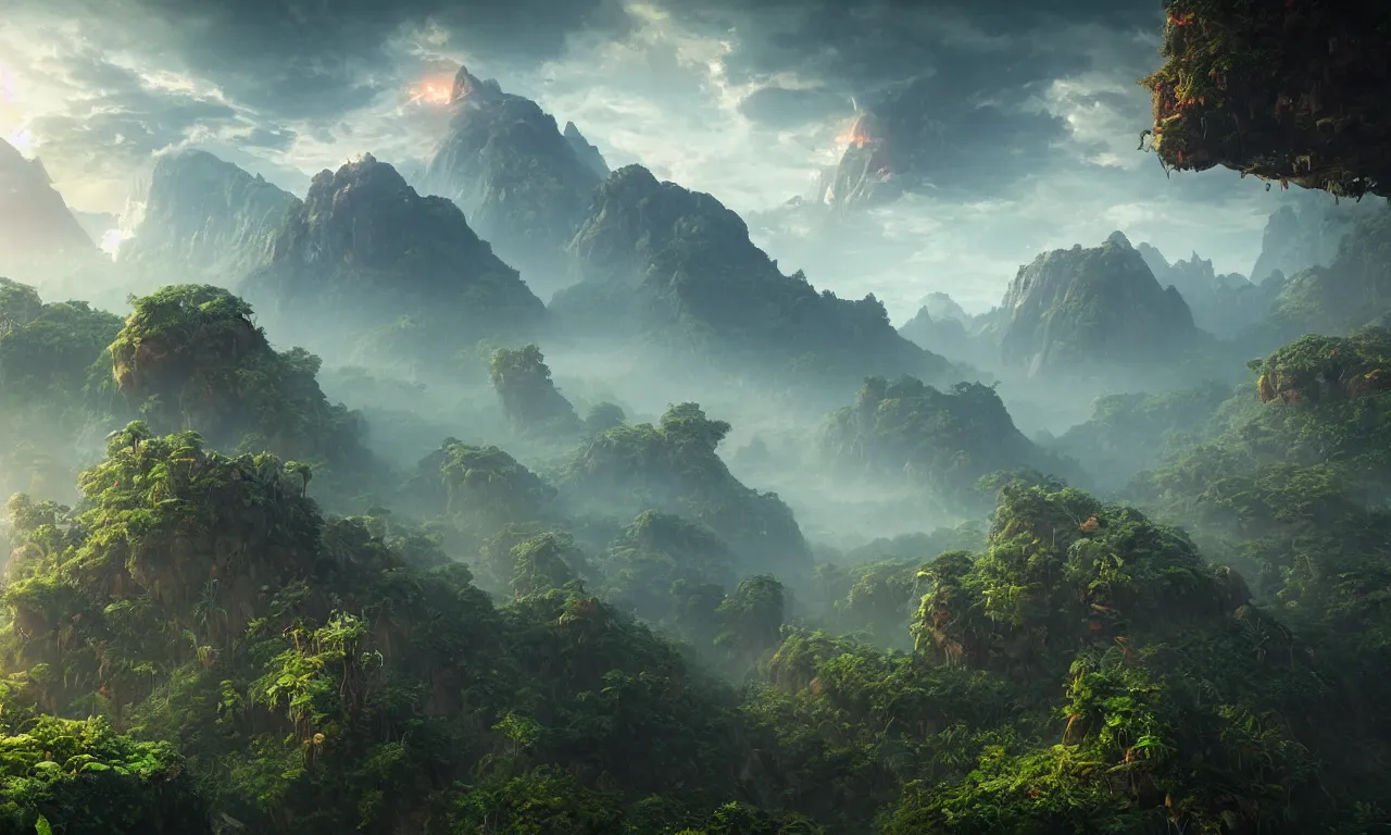 Prompt: jungle covered planet with mountains in clouds on the background, science-fiction, cinematic lighting, cinematic angle, Guillem H. Pongiluppi, Sviatoslav Gerasimchuk, Federico Pelat, dusk