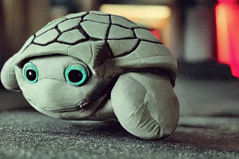 Image similar to cyborg stuffed turtle plushie in cyberspace, in 2 0 5 5, y 2 k cybercore, industrial low - light photography, still from a ridley scott movie