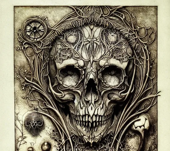 Image similar to memento mori by arthur rackham, art forms of nature by ernst haeckel, exquisitely detailed, art nouveau, gothic, ornately carved beautiful skull dominant, intricately carved antique bone, art nouveau botanicals, ornamental bone carvings, art forms of nature by ernst haeckel, horizontal symmetry, arthur rackham, ernst haeckel, symbolist, visionary