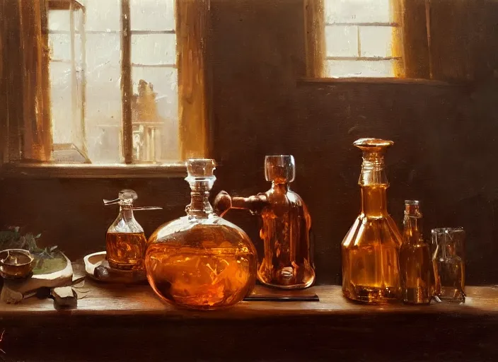 Prompt: oil painting of beautiful copper still, distillation, barley grains, plants and whiskey bottle, art by anders zorn, wonderful masterpiece by greg rutkowski, beautiful cinematic light, american romanticism by greg manchess, creation by tyler edlin