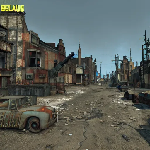 Prompt: Bruges post-nuclear war in Fallout 4, in game screenshot