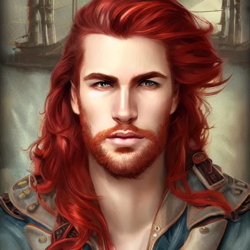 Image similar to rugged young ship captain standing before his airship, male, handsome, masculine, red hair, long hair, soft hair, fantasy, intricate, elegant, highly detailed, steampunk, digital painting, artstation, concept art, character art, smooth, sharp focus, illustration, art by artgerm