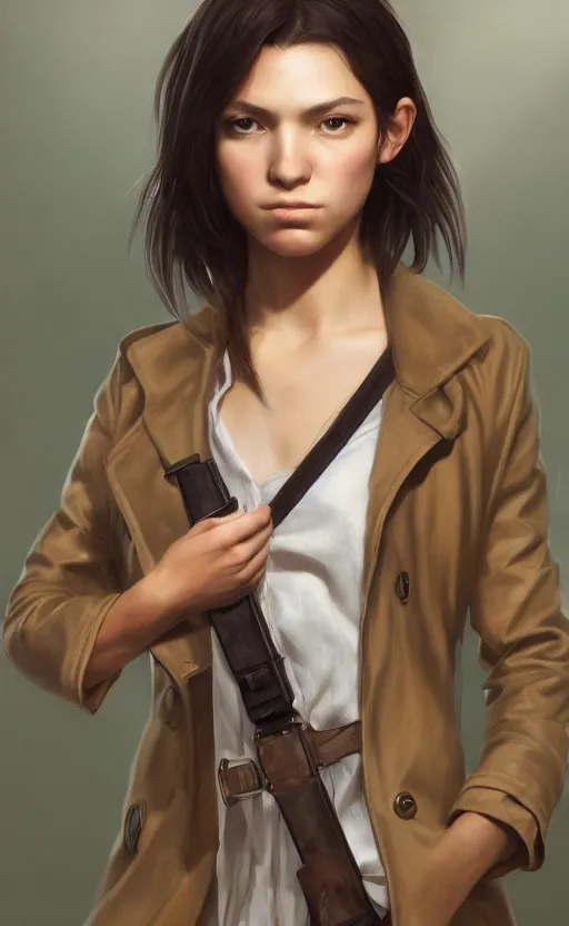 Image similar to upper body portrait of a girl from final fantasy live action, with short black hair and green eyes in a tan trenchcoat, award winning, masterpiece digital painting by greg rutkowski, alex grey, artstation, 4 k wallpaper,