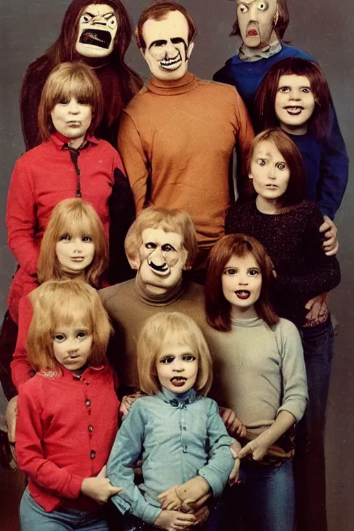 Image similar to mugwump mutant family photo, 1 9 7 0 s, olan mills studio, creepy, scary, nightmare, color, grotty, ugly, terrified