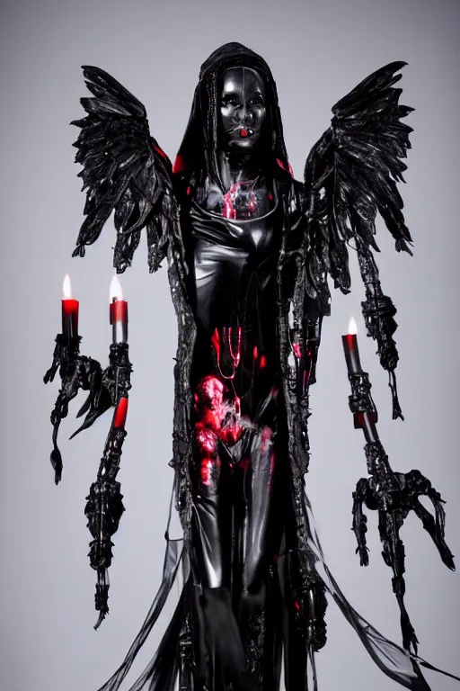 Image similar to full-body cyberpunk style sculpture of a young beautiful dark priestess, half android with a head opening exposing circuitry, glowing red eyes, black roses, flowing blood-red colored silk, fabric, candles, baroque elements, human skulls. full-length view. baroque element. intricate artwork by Caravaggio. crows flying in background. Trending on artstation. cinematic lighting from the right. hyper realism, octane render, 8k, depth of field, 3D