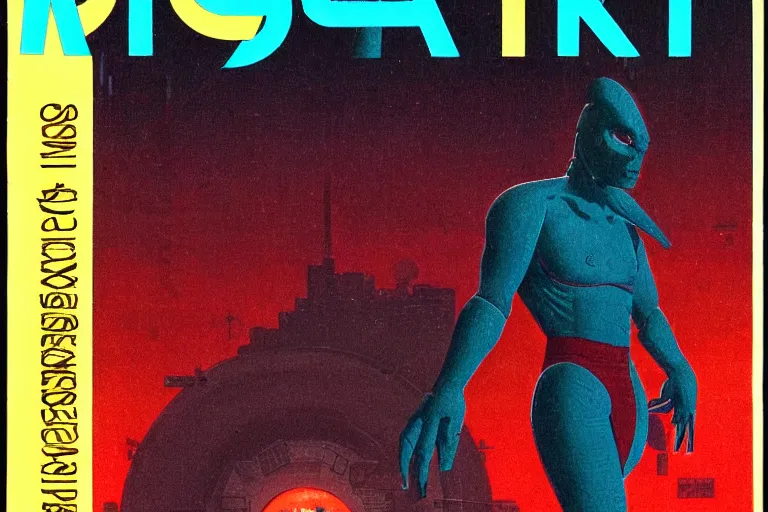 Image similar to 1979 Magazine Cover of an argonian leaning against a red jade desk with a large circular window to neo-Tokyo streets behind him. in cyberpunk style by Vincent Di Fate