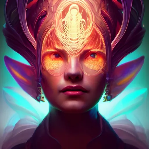 Image similar to queen of death. intricate portrait, intricate biomechanical, bioluminescent halo around head. by Petros Afshar, by artgerm, by Eddie Mendoza, by Peter mohrbacher, by tooth wu, unreal engine, octane render, cinematic light, high details, iridescent colors