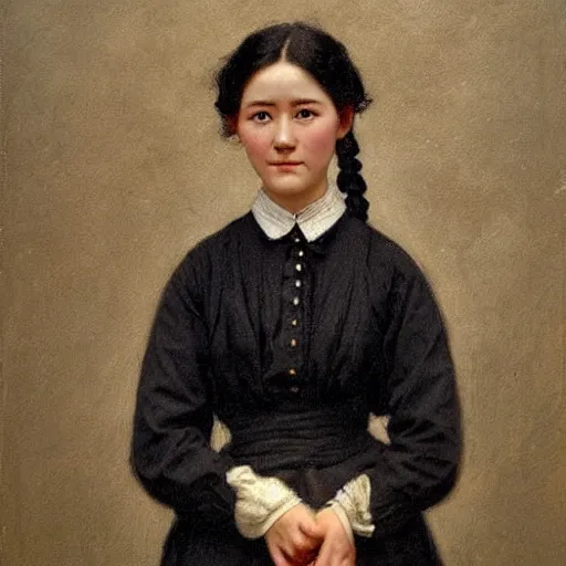 Prompt: a ((sadly)) (((smiling)))) black haired, young hungarian village maid from the 19th century who looks very similar to (((Lee Young Ae))) with a two french braids, detailed, soft focus, realistic oil painting by Barabás Miklós