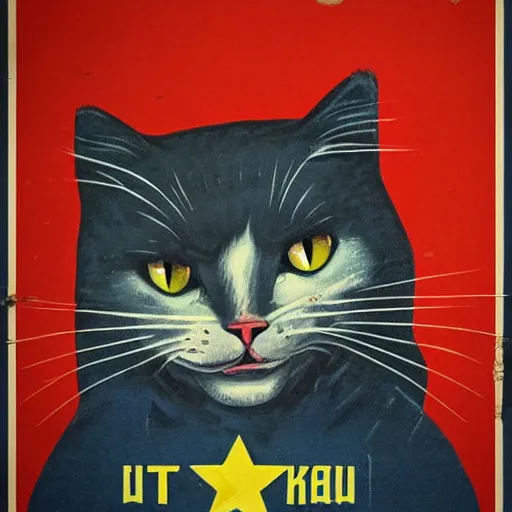 Prompt: cat on a communist propaganda poster, highly detailed, fear inducing, vintage