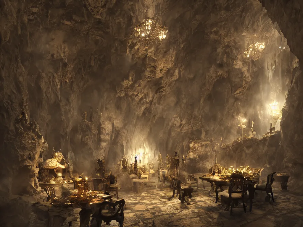 Prompt: furnished cave room, ornate shields repurposed as large table, exquisite, volumetric lighting, 8 k octane beautifully detailed render, post - processing, extremely hyper - detailed, intricate, epic composition, cinematic lighting, masterpiece, trending on artstation, stunning art by anders zorn, by frazetta, beautiful cinematic light