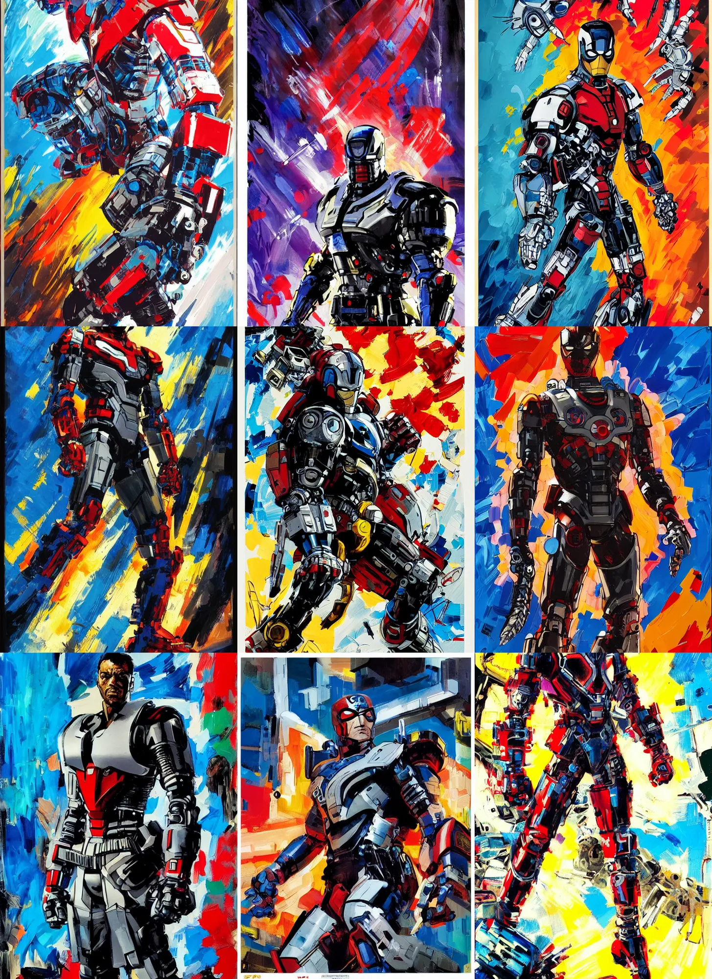 Prompt: marvel mcu falcon, wearing futuristic cybernetic battle armor, by ashley wood, yoji shinkawa, jamie hewlett, 6 0's french movie poster, french impressionism, vivid colors, palette knife and brush strokes, dutch angle