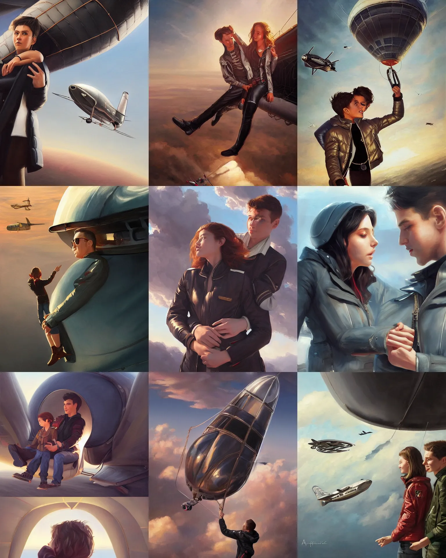 Prompt: inside a flying zeppelin, beautiful tall aviator girl !!!! in black bomber jacket and an explorer boy holding hands, close up, cinematic, photorealistic, ultrarealistic, textured, painting by artgerm and greg rutkowski artstation