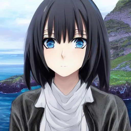 Image similar to 1 7 - year - old anime goth girl, black hair, long bob cut, long bangs, gothic coat, long bangs, standing on cliff along the irish coast, overcast gray skies, ultra - realistic, sharp details, cold lighting, blue and gray colors, intricate details, subsurface scattering, hd anime, 2 0 1 9 anime