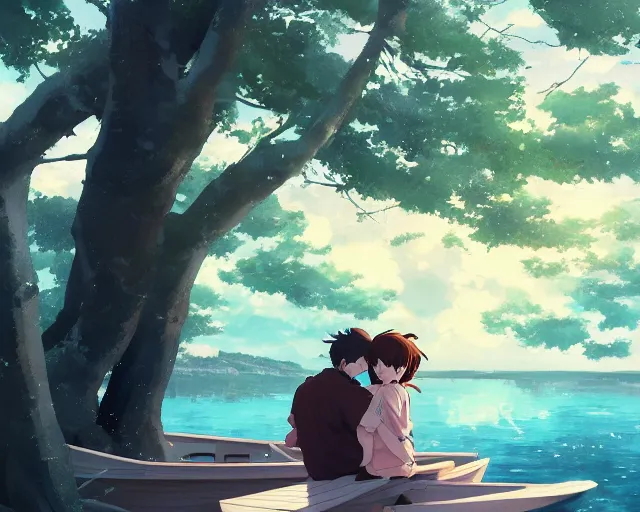 Image similar to a boy and a girl with long flowing auburn hair, boy has short black hair, sitting together in one single boat. Atmospheric lighting, long shot, romantic, boy and girl are the focus, trees, blue water. Anime. By Makoto Shinkai, Stanley Artgerm Lau, WLOP, Rossdraws, James Jean, Andrei Riabovitchev, Marc Simonetti, krenz cushart, Sakimichan, D&D trending on ArtStation, digital art.