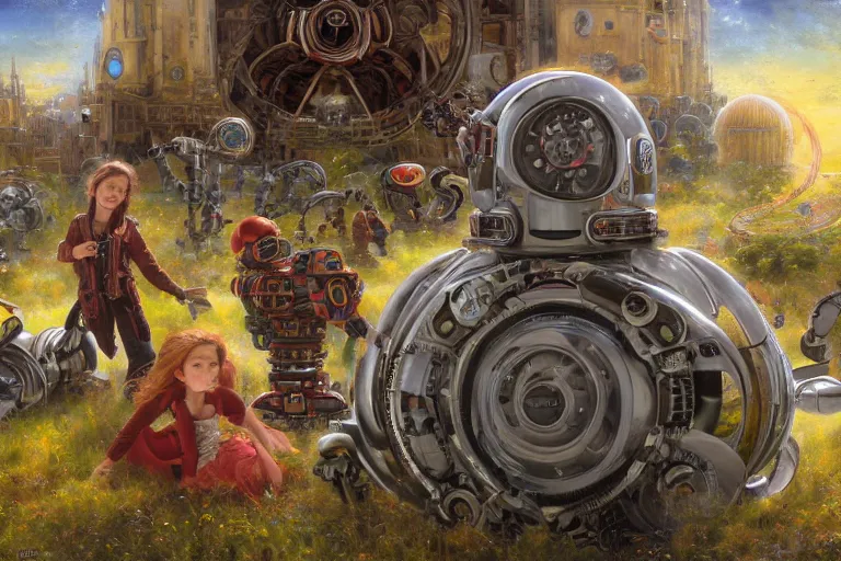 Image similar to derpy shiny mechanical android robots, Lilia Alvarado, Sophie Anderson, Mark Arian, Bob Byerley, Charlie Bowater, Mark Brooks, Steve Henderson, Justin Gerard, Arthur Hughes, Edward Robert Hughes, Mark Keathley, Victor Nizovtsev, Carlos Shwabe, Ross Tran, WLOP