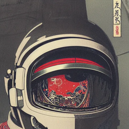 Image similar to a beautiful ukiyo painting of samurai in space futuristic helmet, wearing space techwear, detailed symmetrical close up portrait, intricate complexity, by takato yamamoto, wlop, krenz cushart, makoto shinkai, cinematic dramatic atmosphere, sharp focus