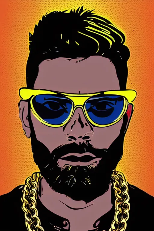 Prompt: portrait of virat kohli wearing futuristic sunglasses and goldchains like a rapper, art by butcher billy, sticker, colorful, illustration, highly detailed, simple, smooth and clean vector curves, no jagged lines, vector art, smooth