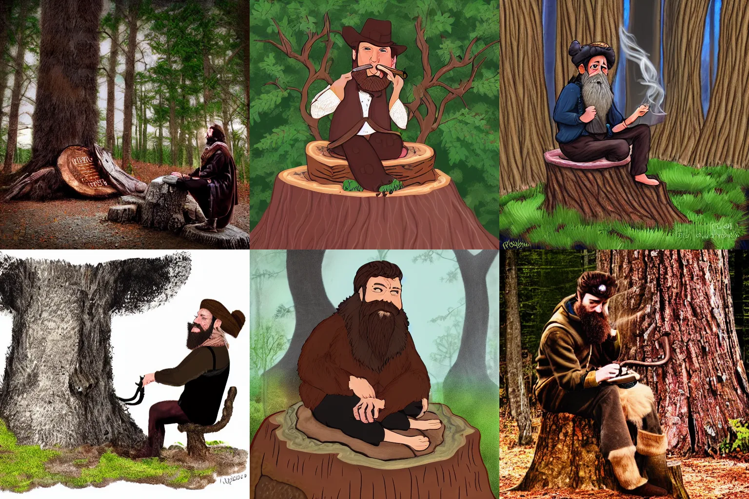 Prompt: A pipesmoking druid with brown hair and beard sitting on a treestump. he wears a fur west and brown leather pants. the smoke from the pipe is pink. digital art