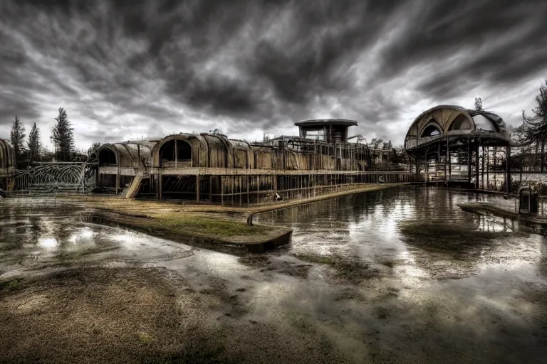 Prompt: creepy and wet abandoned waterpark, professional photography, highly detailed, sharp focus, hdr, 8 k, hd, trending on flickr, by marc adamus