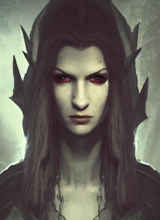 Image similar to A mixed media portrait painting of a elven vampire sorcerer in a atmospheric dark dungeon, unreal 5, DAZ, hyperrealistic, octane render, RPG portrait, ambient light, dynamic lighting