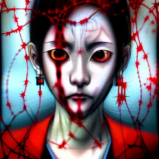 Prompt: yoshitaka amano blurred and dreamy realistic three quarter angle horror portrait of a sinister young woman with short hair, big earrings, barbed wire and red eyes wearing office suit with tie, junji ito abstract patterns in the background, satoshi kon anime, noisy film grain effect, highly detailed, renaissance oil painting, weird portrait angle, blurred lost edges