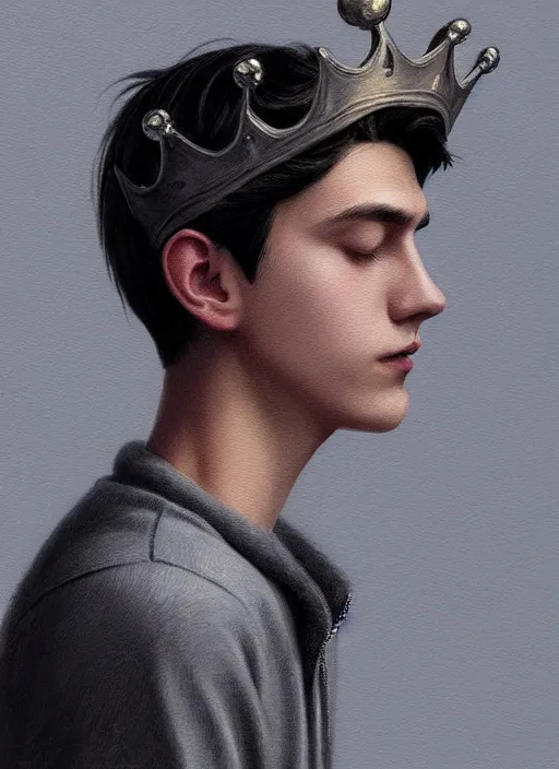 Image similar to portrait of teenage jughead jones wearing a light grey crown, photorealistic, crown, eyes closed, crown, black hair, intricate, elegant, glowing lights, highly detailed, digital painting, artstation, concept art, smooth, sharp focus, illustration, art by wlop, mars ravelo and greg rutkowski