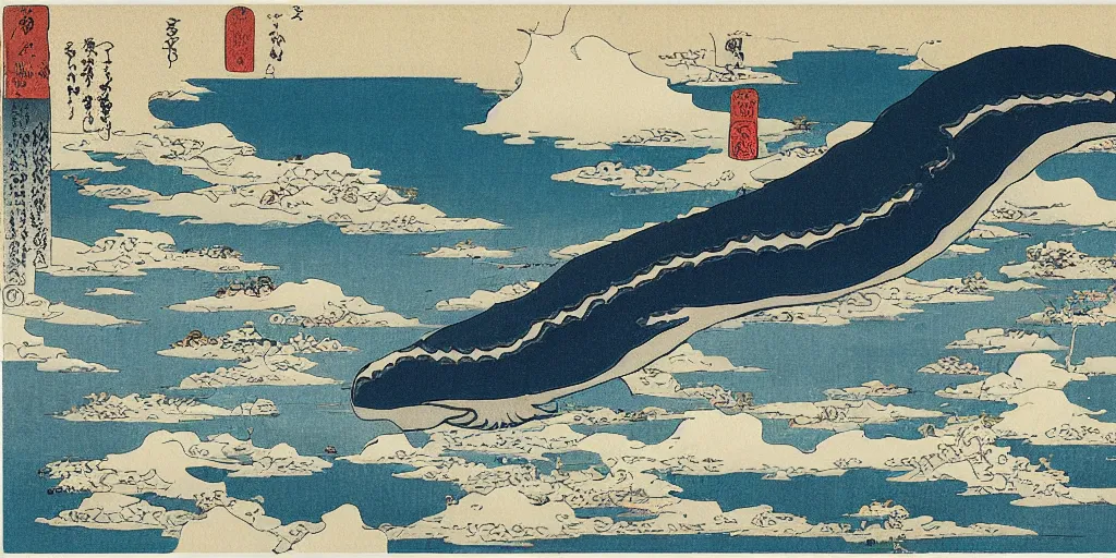 Prompt: a upside down city with giant whale flying in the sky, by Hokusai