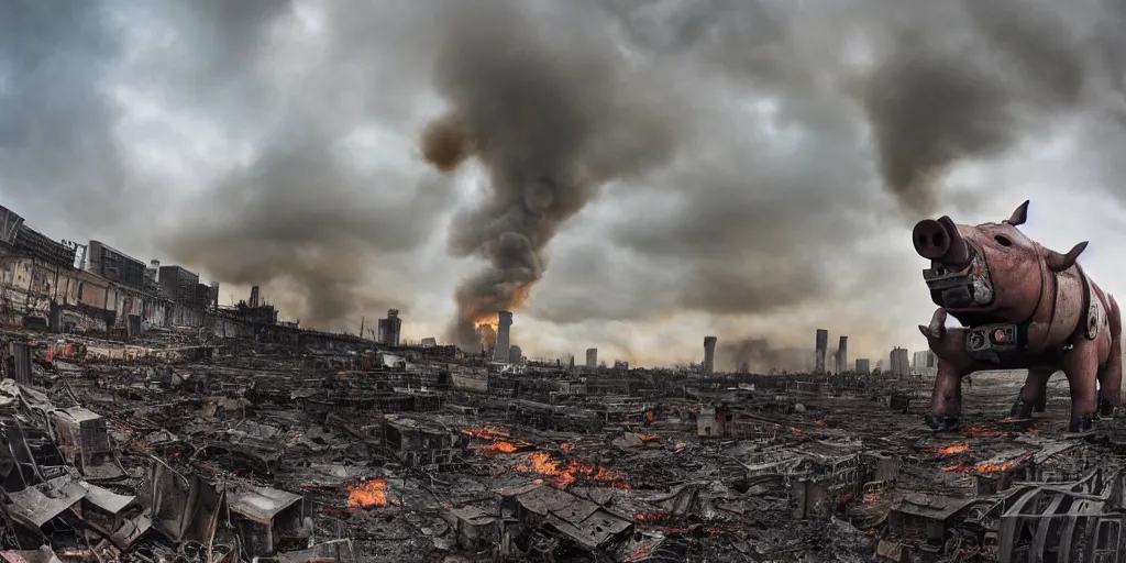 Image similar to wide angle photo, 1 8 mm canon 5 d mark 3, f 1 8, of a scary giant, metal machine pig robot : : 1. 5 looming huge over the buildings of a city on fire that is destroied, in the film style of a hollywood summer blockbuster movie