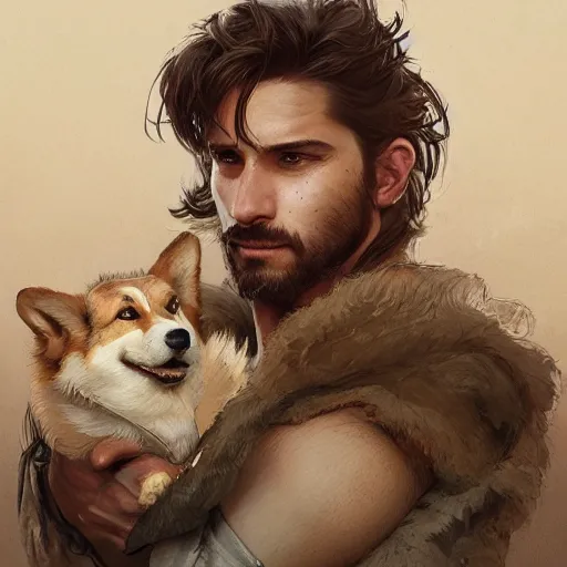 Prompt: portrait of a young, ruggedly handsome corgi, soft hair, muscular, half body, cloth, hairy, d & d, fantasy, intricate, elegant, highly detailed, digital painting, artstation, concept art, smooth, sharp focus, illustration, art by artgerm and greg rutkowski and alphonse mucha