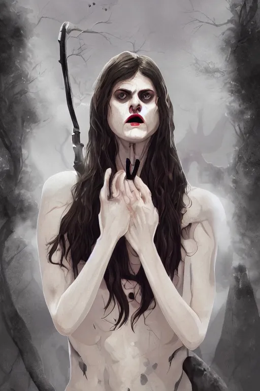 Image similar to alexandra daddario in sleepy hollow, full body, big two toned eyes, teeth gritted, horror, intricate details, cinematic, epic, realistic, anatomy, tomer hanuka, uplight, artstation, photorealistic, scary