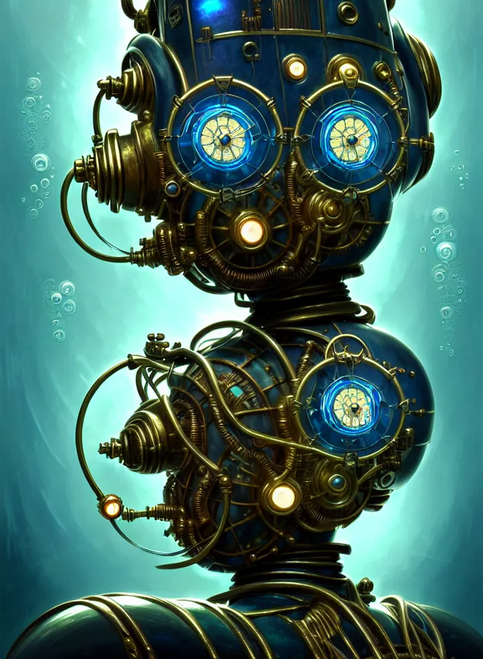 Image similar to symmetry!! close face portrait of a steampunk robot from bioshock, vintage, iridescent metal!! underwater atmosphere, intricate, serene, highly detailed, digital painting, artstation, symmetric concept art, smooth, sharp focus, illustration, art by artgerm and greg rutkowski and alphonse mucha, 8 k