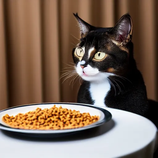 Image similar to A photo of a cat wearing a suit sitting in a fancy and expensive gourmet restaurant and eating a plate of cat food. f/2.8, dim lighting, award winning photo