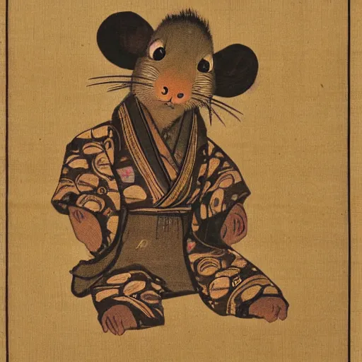 Prompt: a brown rat in japanese kimono in the style of Rembrandt