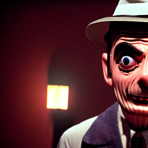 Image similar to mr. bean as freddie krueger. movie still. cinematic lighting.