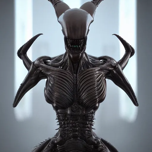 Prompt: centered photorealistic antropomorphic xenomorph statue inspired by Giger, sinister background, octane render, unreal engine 4k, volumetric light, fog, wide shot, detailed