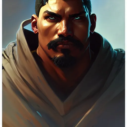 Image similar to Gabriel Reyes Reaper by Stanley Artgerm Lau, greg rutkowski, thomas kindkade, alphonse mucha, loish, Norman Rockwell, Overwatch, upper body, muscular, Latino man, buzzcut, concept art, game art, digital painting, digital art, portrait