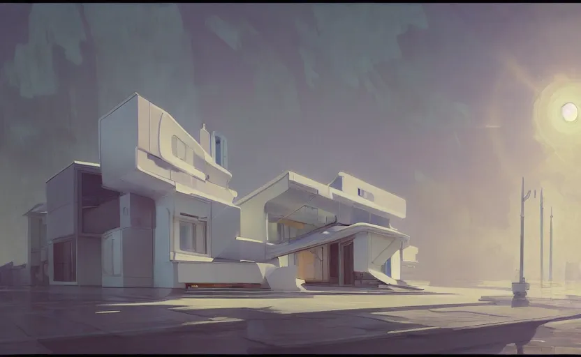 Image similar to painting of a wide angle exterior shot of a white modern architecture with cinematic lighting by richard rogers and renzo piano, darek zabrocki and greg ruthkowski, alphonse mucha, simon stalenhag and cinematic and blue cold atmospheric, archillect concept art, artstation, trending on artstation