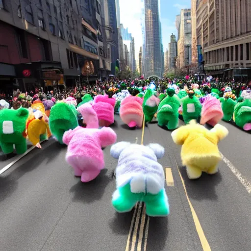Prompt: a parade of stuffed care bears marching down 5 th ave manhattan on st. patrick's day, 8 k, photo realistic, extremely life like