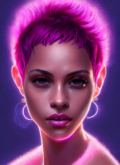 Image similar to portrait of vanessa morgan with bright pink hair, curly pixie cut hair, wearing a purple breton cap, breton cap, hoop earrings, intricate, elegant, glowing lights, highly detailed, digital painting, artstation, concept art, smooth, sharp focus, illustration, art by wlop, mars ravelo and greg rutkowski